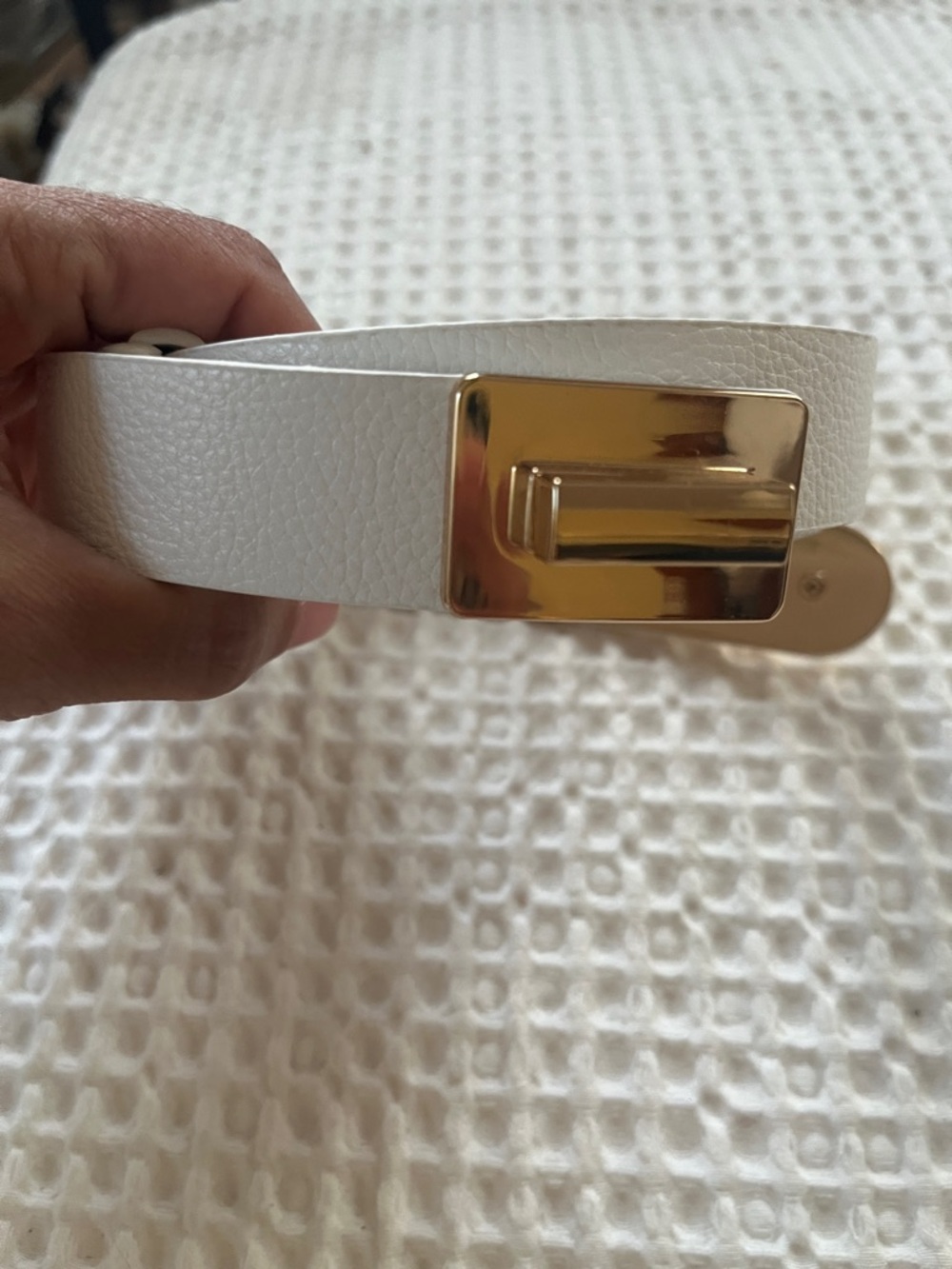 White Leatherette Belt with Gold Buckle